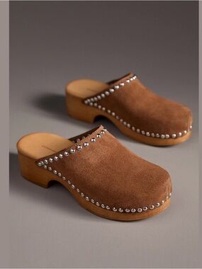 Anthropologie Studded Wood-Bottom Clogs in Tan Suede, Size 38